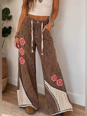 Pol Boho Wide-Leg Patchwork Lace Pants with Floral Embroidery NWOT Small